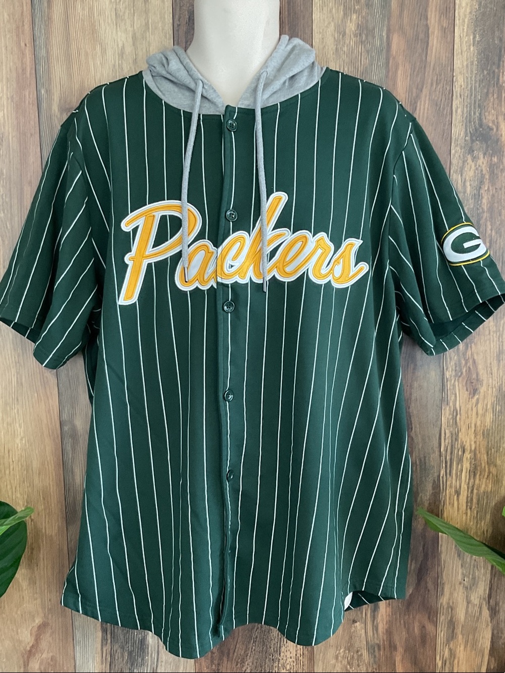 NFL Green Pinstripe Green Bay Packers Short Sleeve Hooded Button Shirt XXL 466B